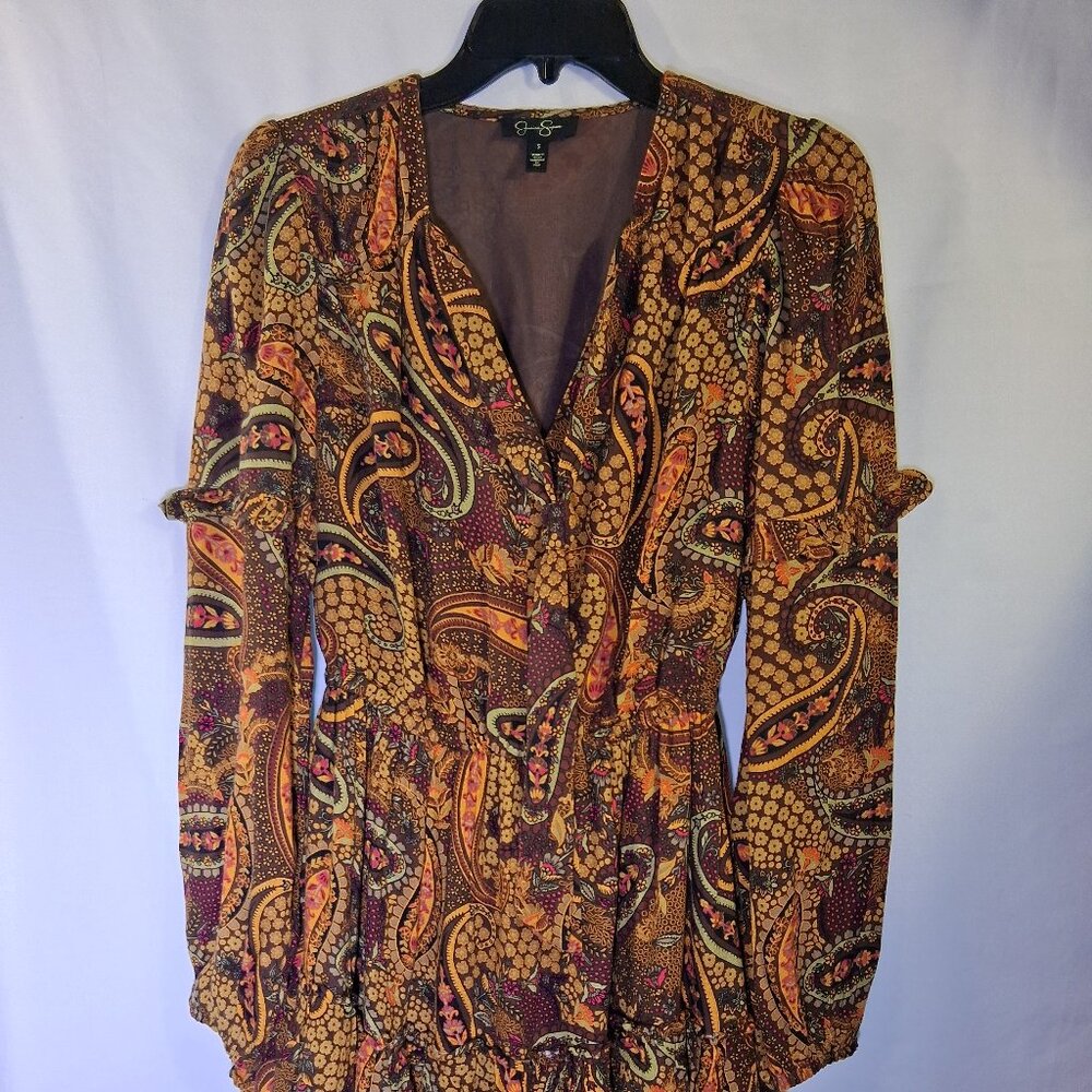 Jessica Simpson 100% Viscose Ruffle Long Sleeve Short Dress Multi Color-Small